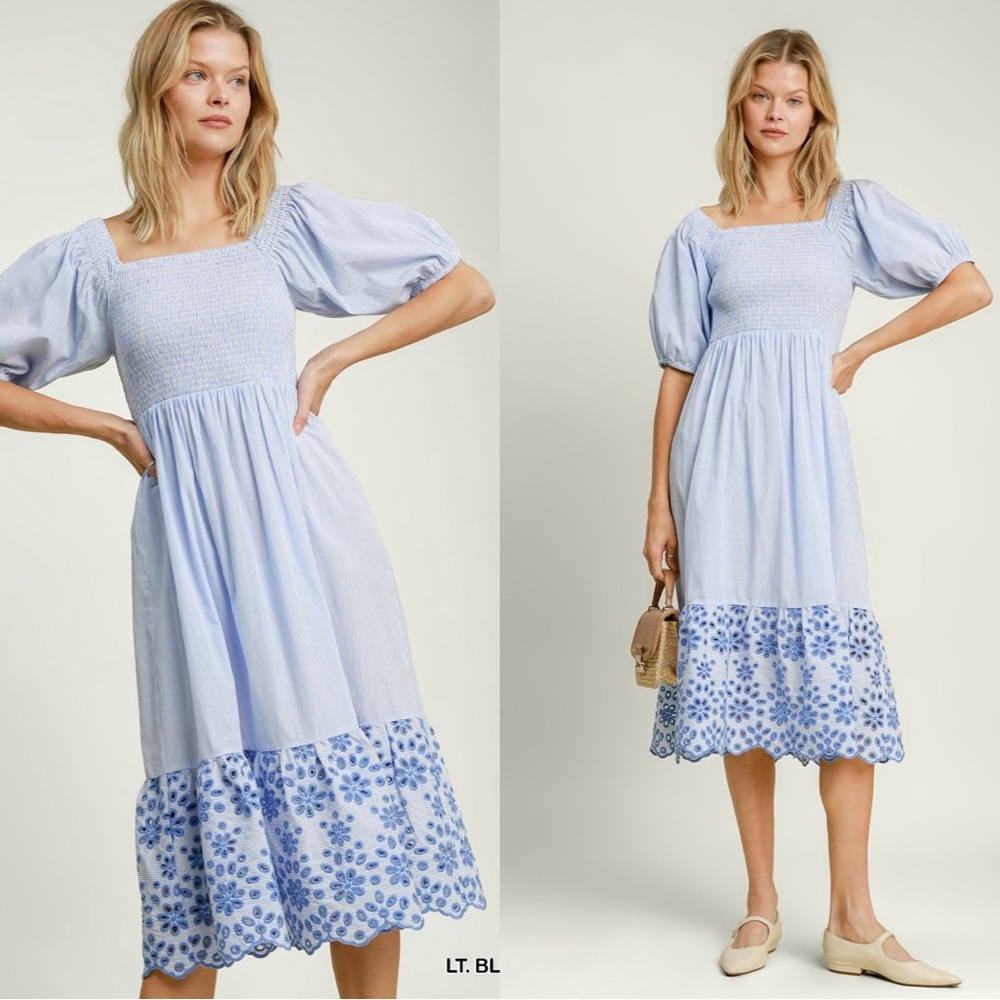 NWT Umgee Striped Eyelet Embroidery Blue Puff Sleeve Midi Sundress